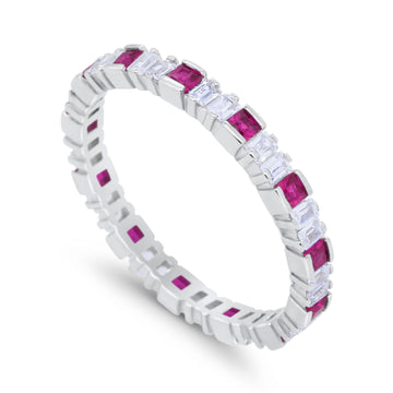 Baguette Princess Full Eternity Wedding Band Ring Round Simulated  Ruby CZ 925 Sterling Silver